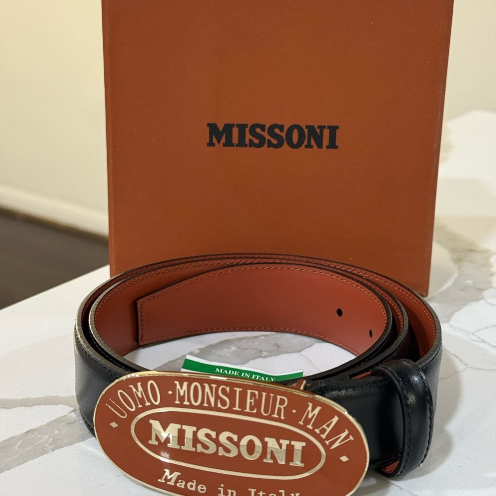 Missoni Rare Black and Brown Reversible Leather Belt with Gold Logo Buckle.